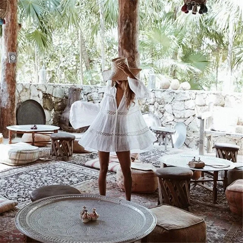 Boho Mini Dress - Beach Tunic - White Yuka