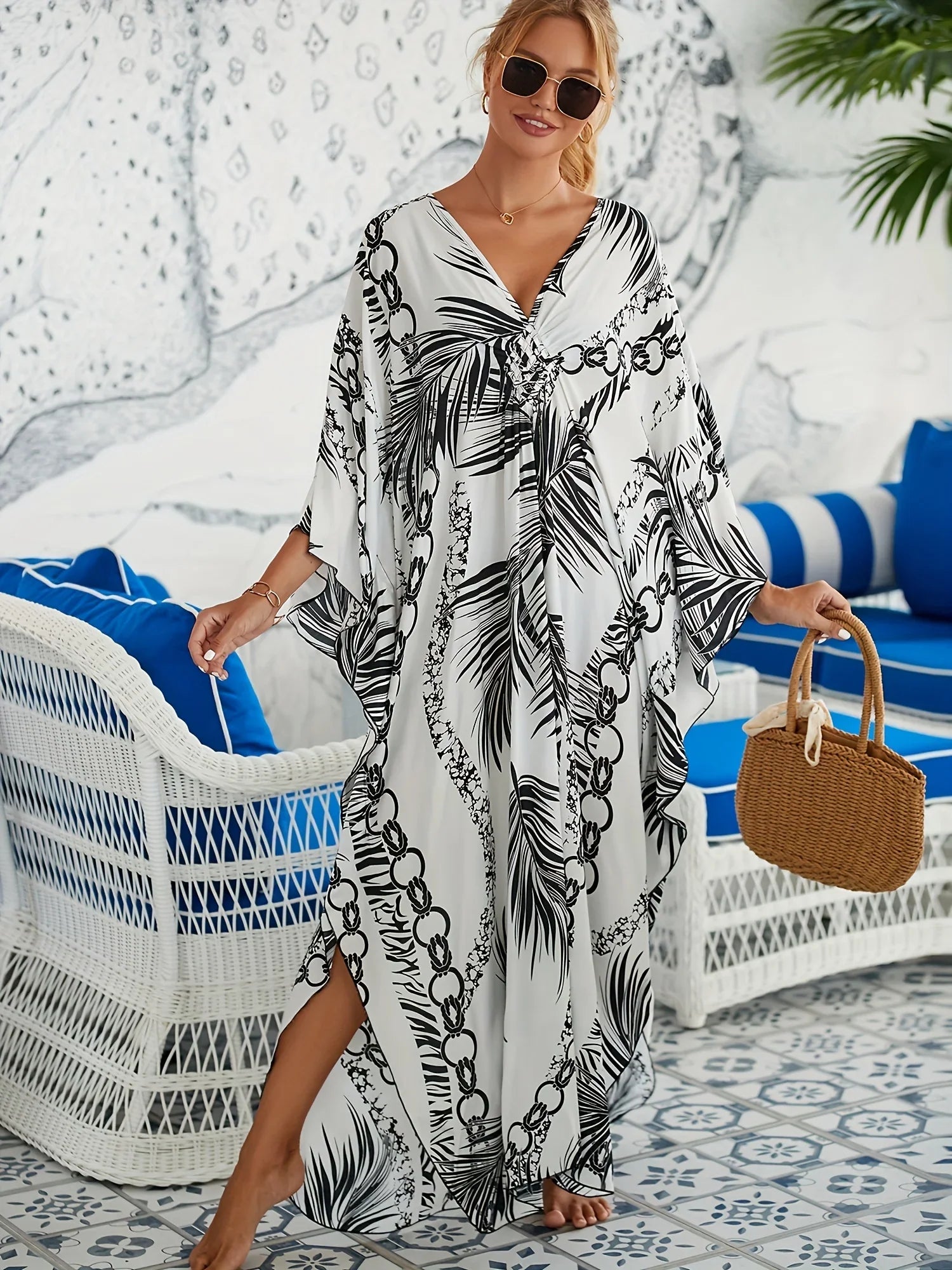 Boho Maxi Dress - Beach Dress, Kaftan Dress Akari Black Coconut Leaf