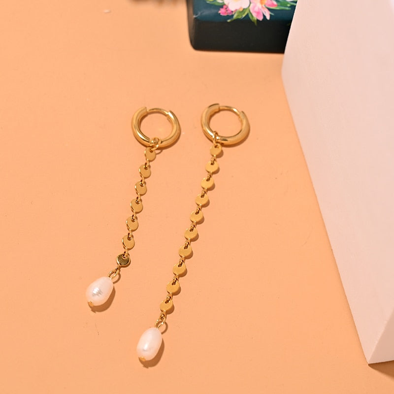 Boho Earrings, Dangle Earrings, Peal with Gold Chain