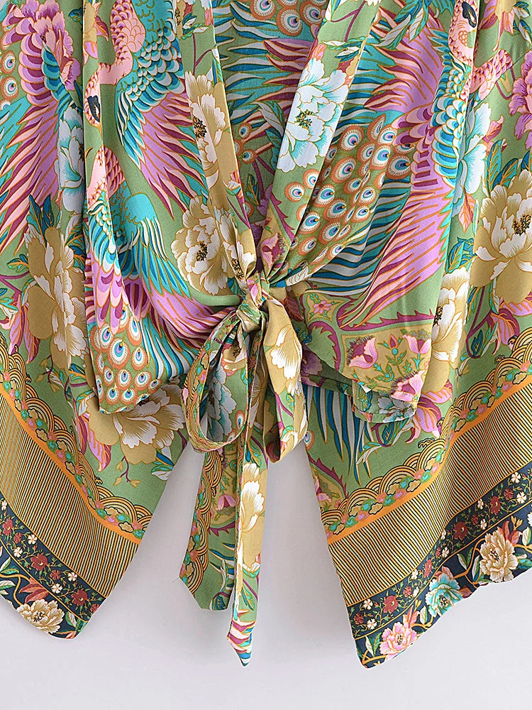Boho Kimono Robe - Beach Cover-up in Peacock Green Gold