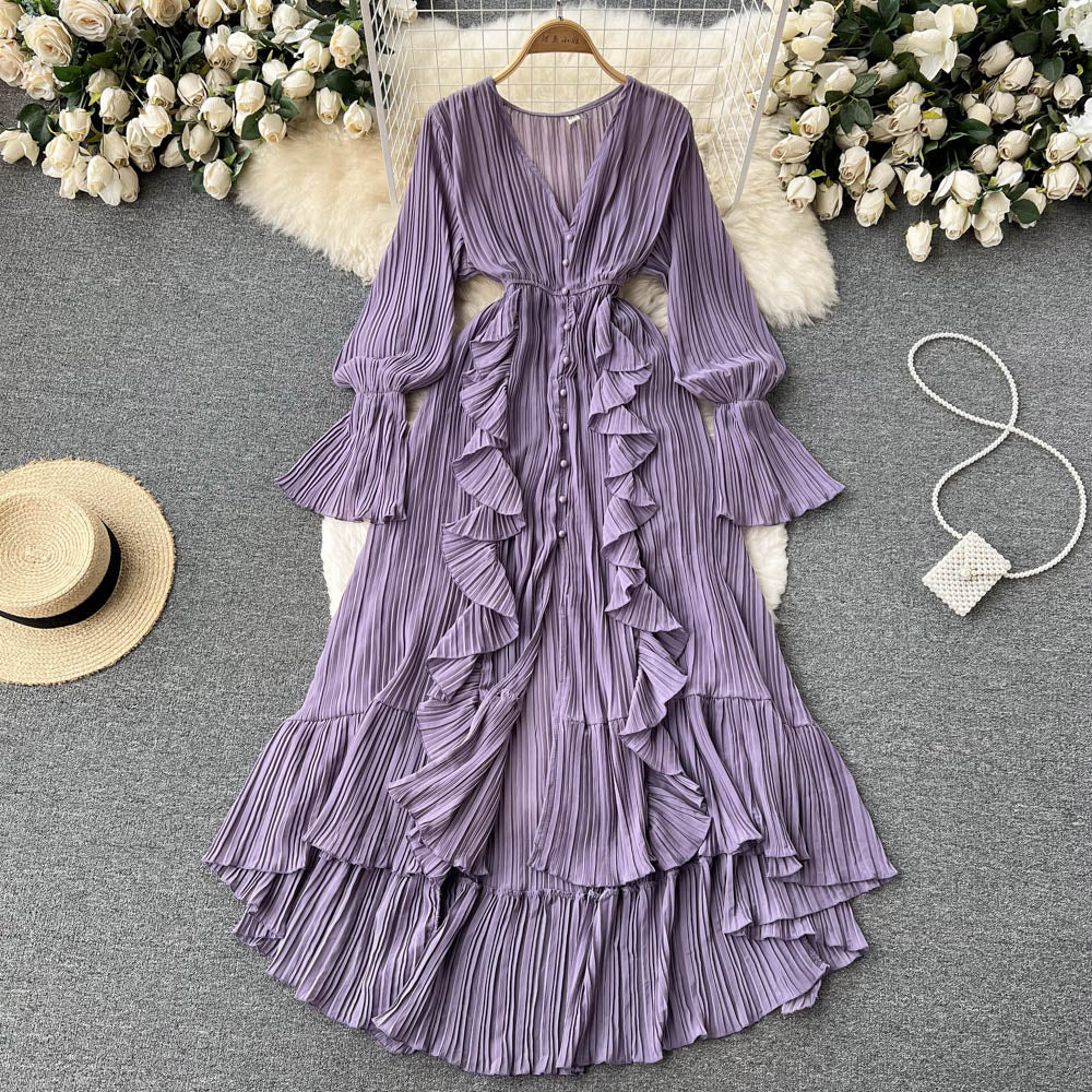 Maxi Dress, Boho Vintage Pleated Dress, Josephine Gown in Purple, Yellow, Pink and Brown