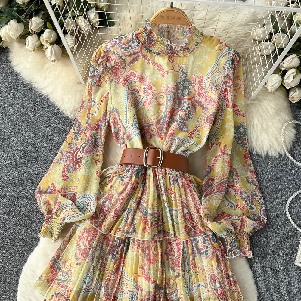 Maxi Dress - Boho Vintage Pleated Dress - Summer Print Floral Vintage Charlotte Yellow