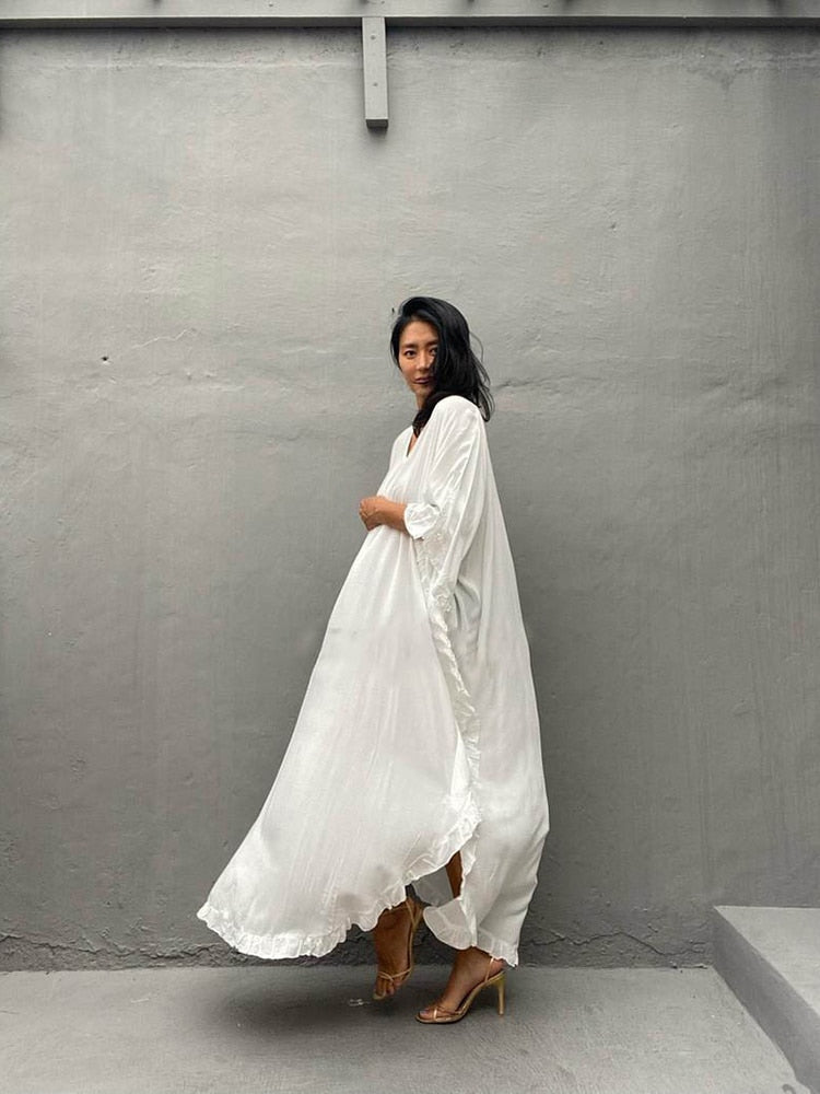 Boho Maxi Dress, Beach Dress,Kaftan Ruffle Dress, Wren White