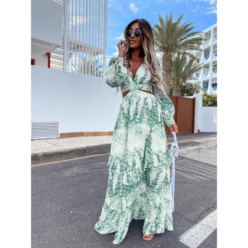 Sex Backless Hollow Out Lantern Sleeve Beach Dress Cover Up