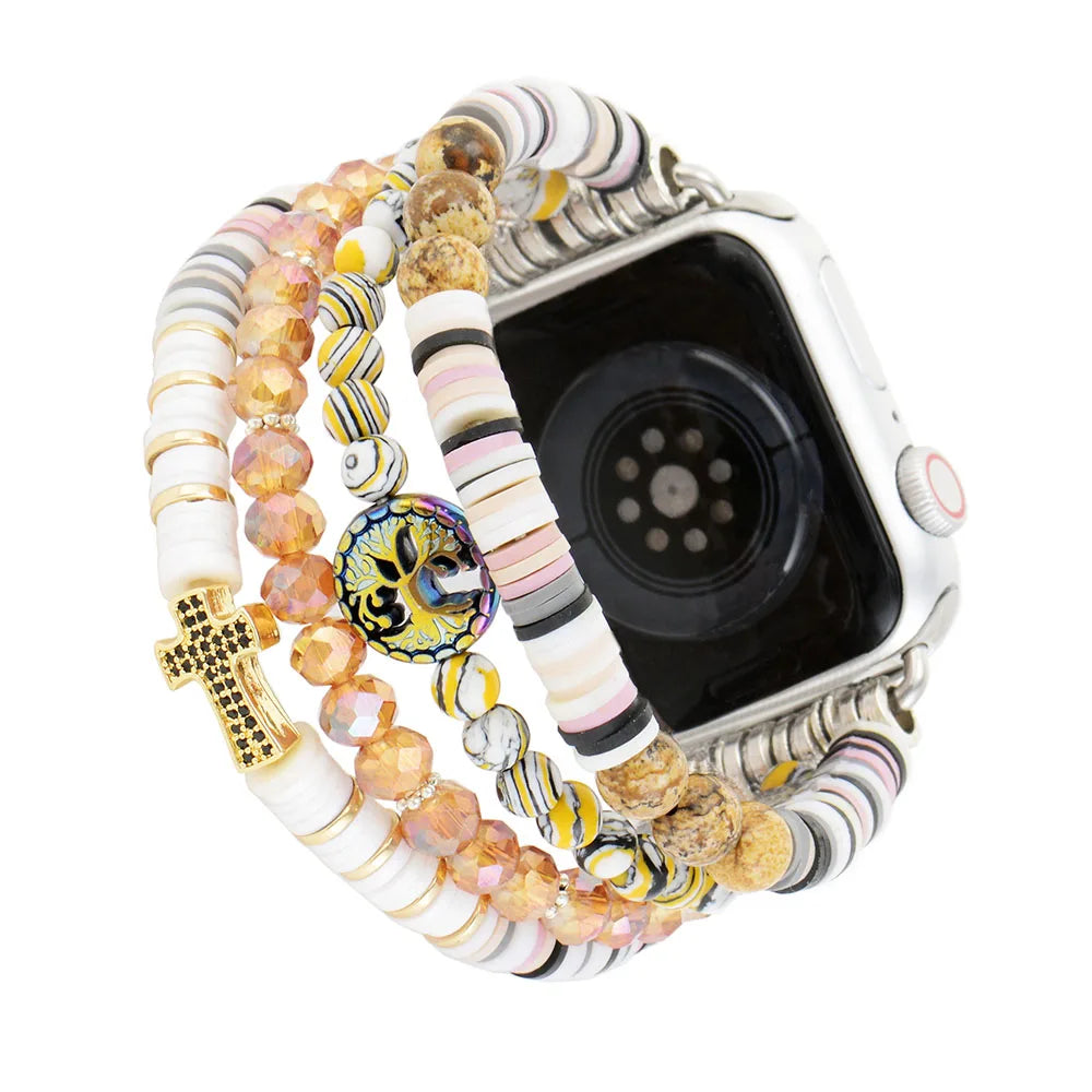 Boho Apple Watch Band - Infinity White Pearl Beads Wrist Strech Bracelet