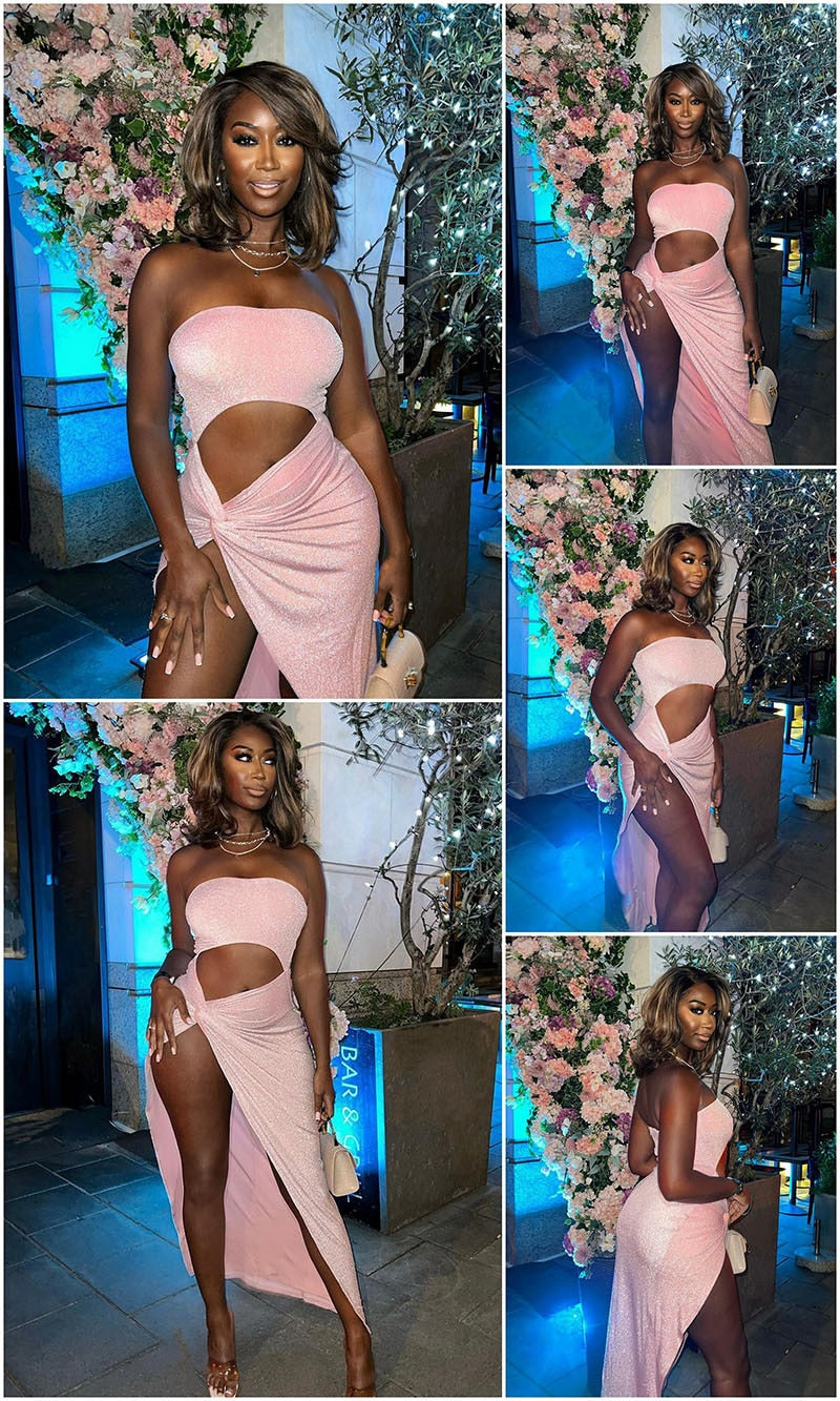 Boho Camis Dress, Party Bodycon Dress, Maxi Dress Hollow Out,  Glitter in Pink and Apricot