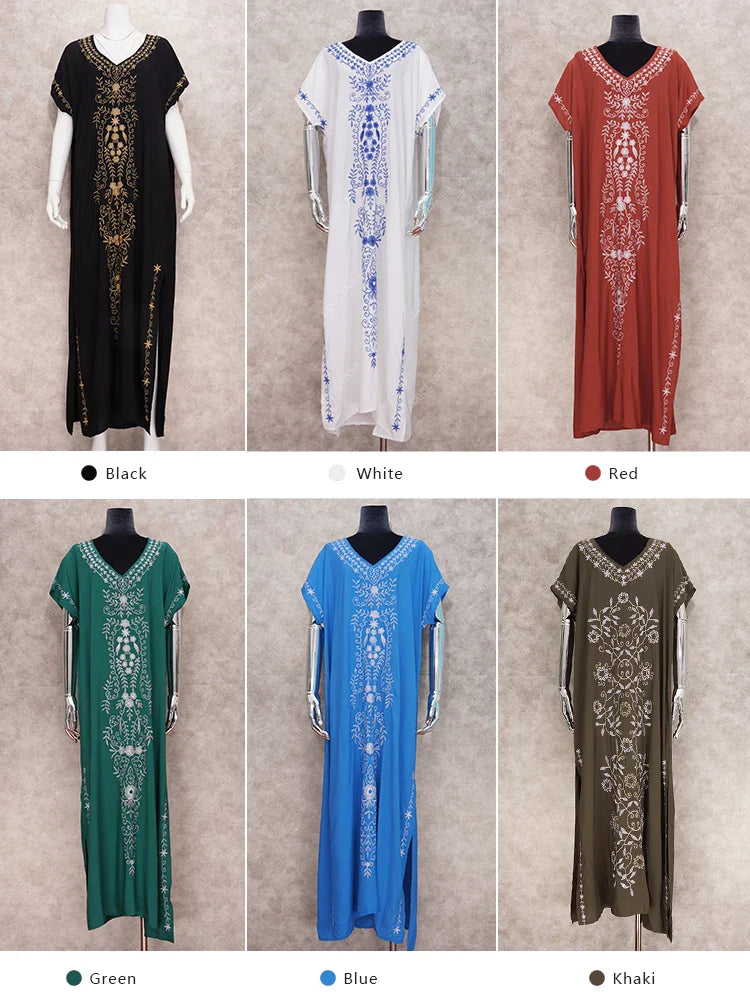 Boho Maxi Dress - Beach Dress, Kaftan Dress Vintage Embroidered in Myla Blue and Black