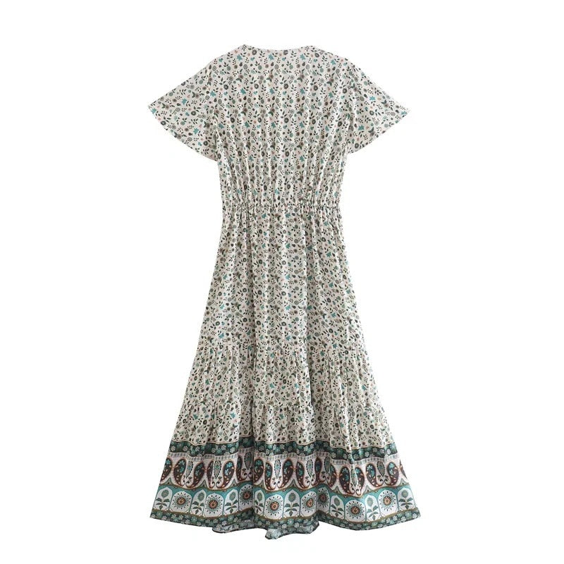 Boho Midi Dress, Sundress, Quincy in Green and Pink