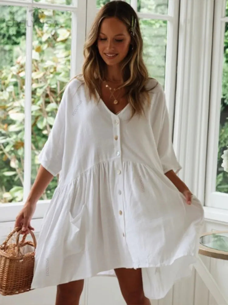 Boho Mini Dress - Beach Tunic - White Halle