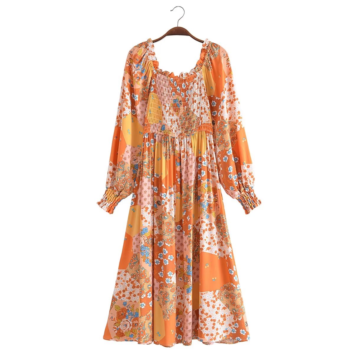 Boho Midi Dress, Sundress, Maryam in Orange, Green and Pink