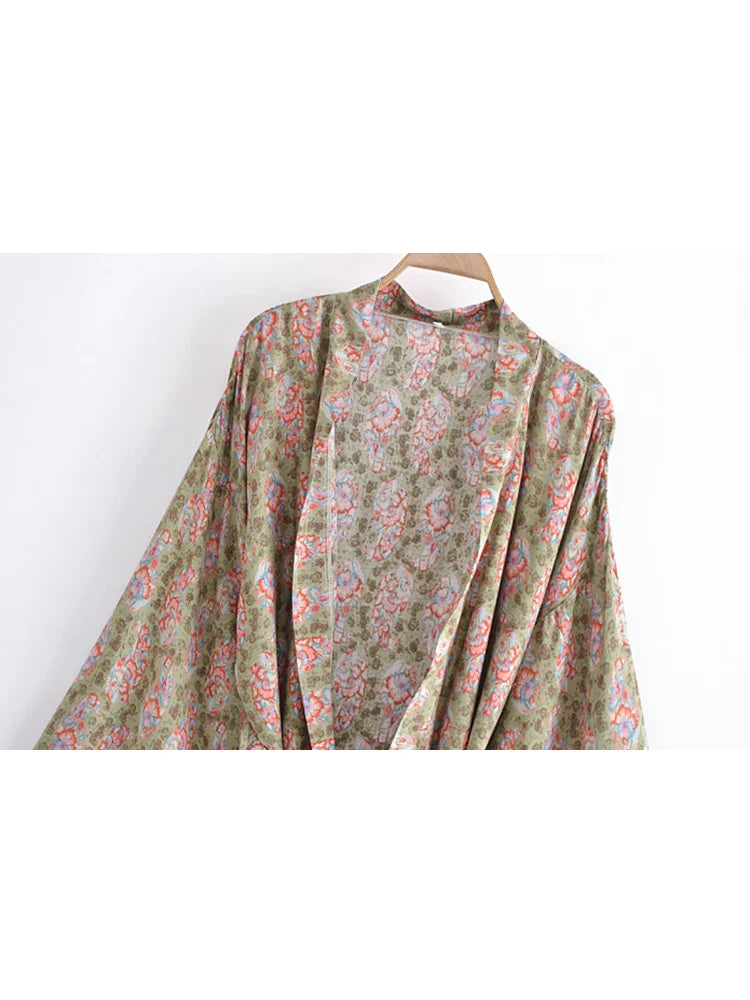Boho Kimono Robe - Beach Cover-up in Riley Green Pine