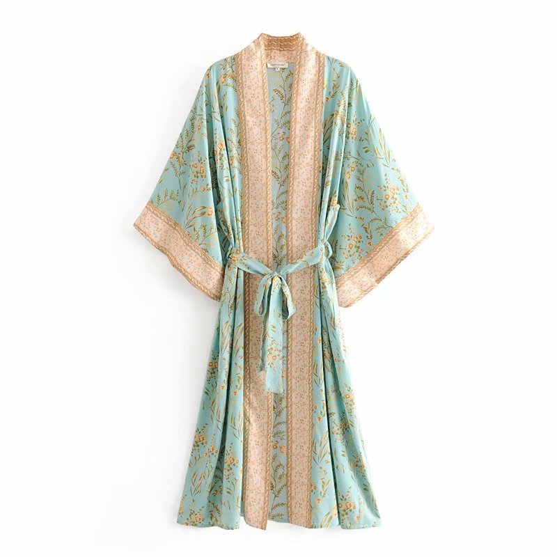Boho Robe, Kimono Robe, Beach Cover up, Grass Green Flower