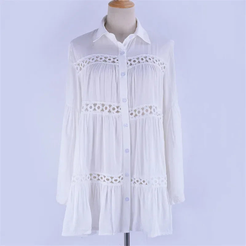 Boho Mini Dress - Beach Tunic - White Yuka