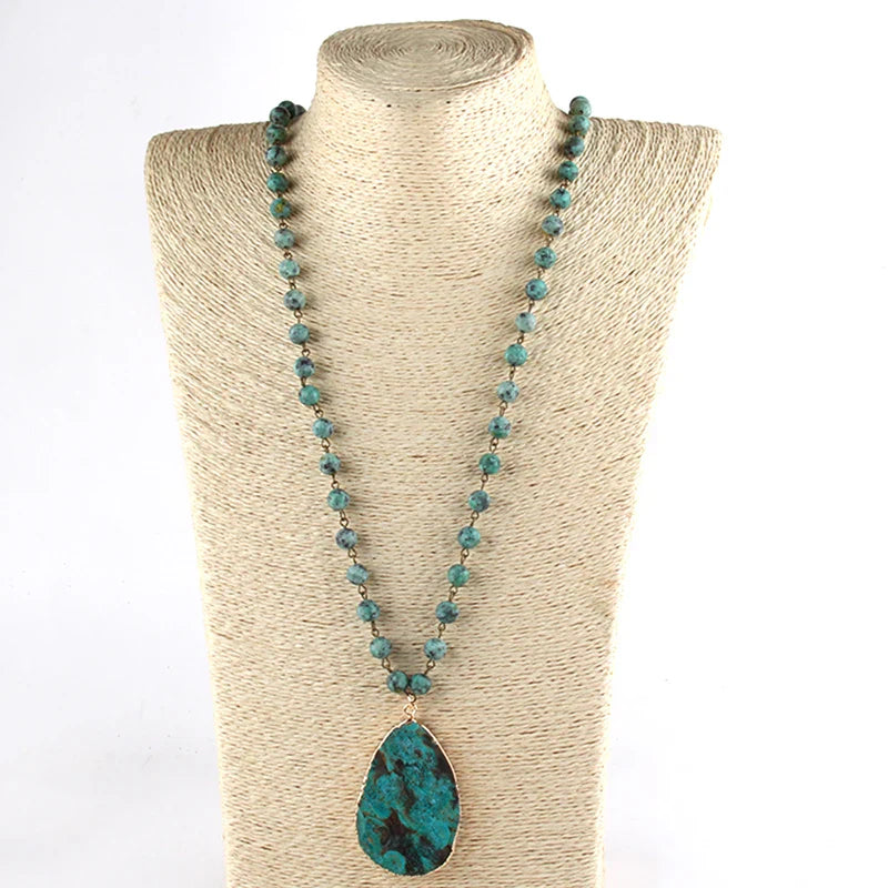 Boho Necklace - RH Precious Green Lava Blue Oval Stones