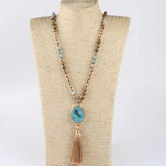 Boho Necklace - RH Precious Amazonite Lava Stones Gold Tassle