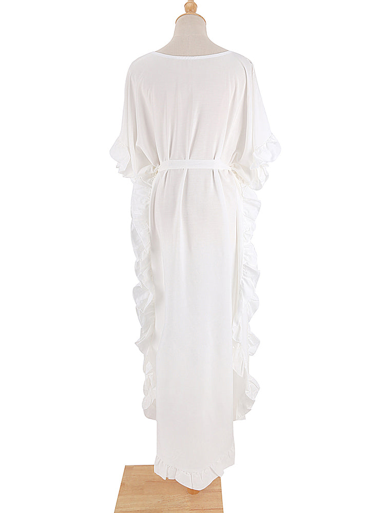 Boho Maxi Dress, Beach Dress,Kaftan Ruffle Dress, Wren White
