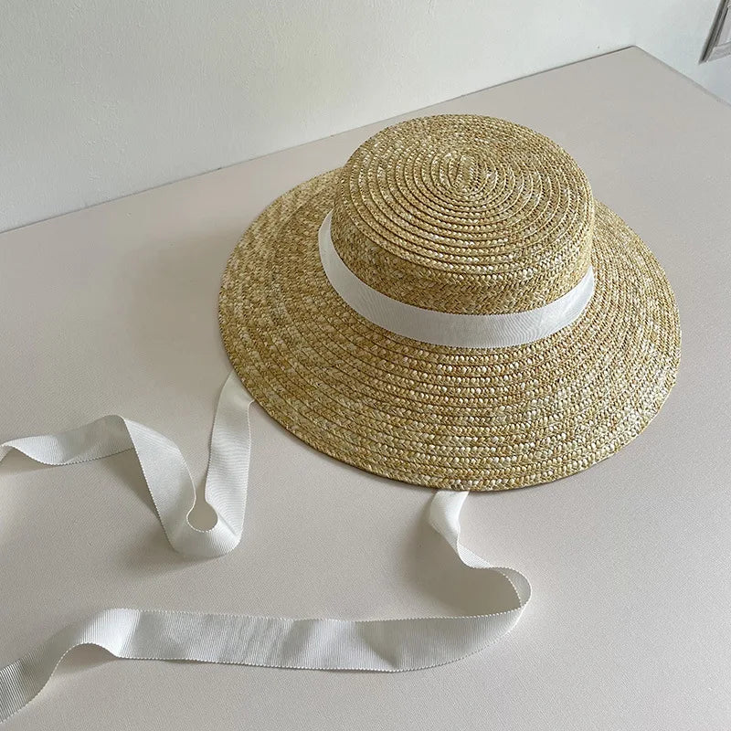 Boho Hat - Wide Brim Straw Sun Hat with Vintage Style Bamby Black Ribbon