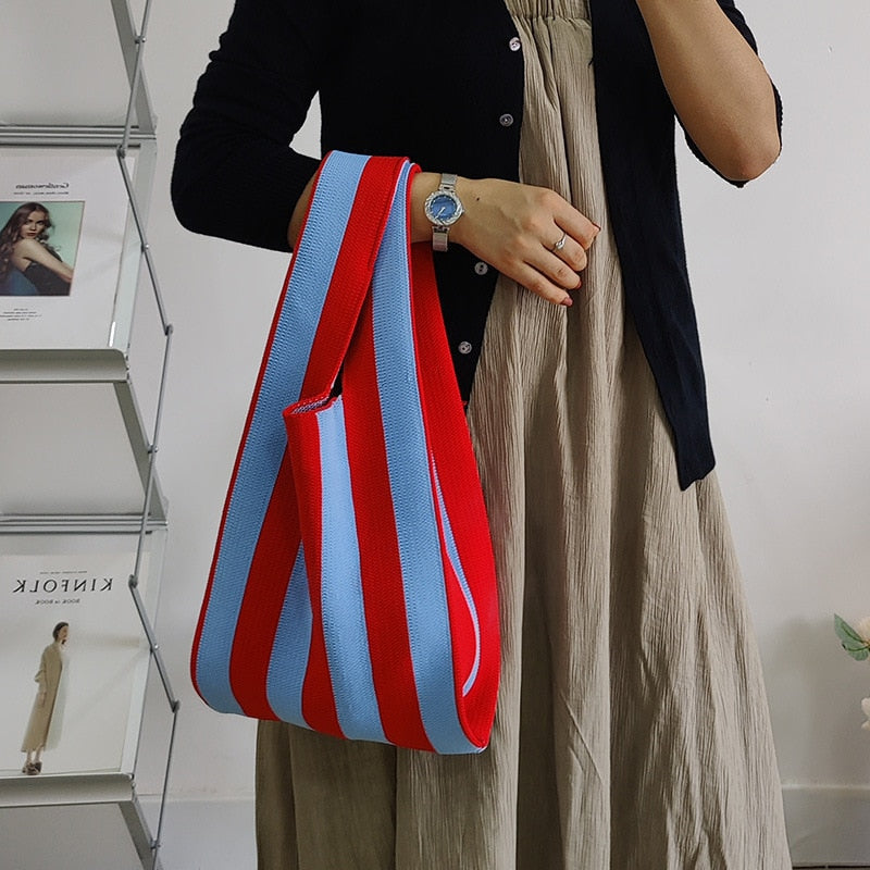 Boho Bag, Eco Tote Bags, Crochet Tote, Knitted Shopper Handbags, Striped in 5 colors