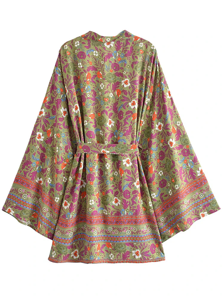 Boho Kimono Robe - Beach Cover-up in Riley Green Pine