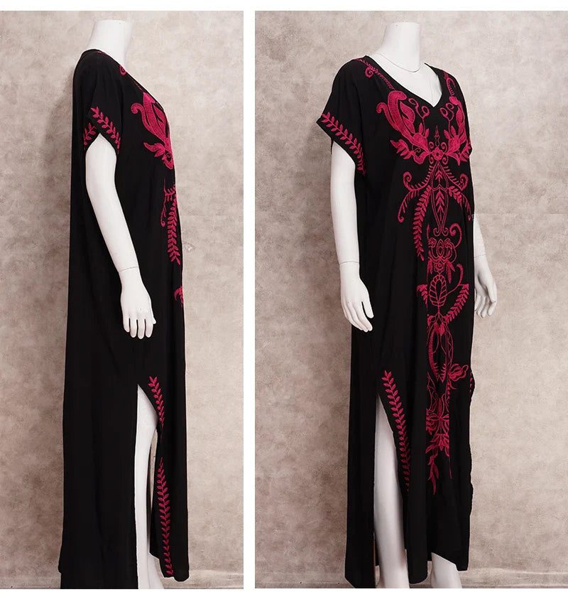 Boho Maxi Dress - Beach Dress, Kaftan Dress Vintage Embroidered in Myla Navy White and Black