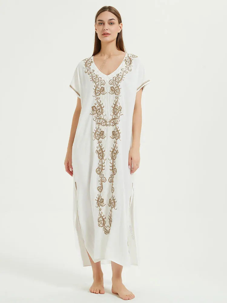 Boho Maxi Dress - Beach Dress, Kaftan Dress Vintage Embroidered in Myla Blue and Black