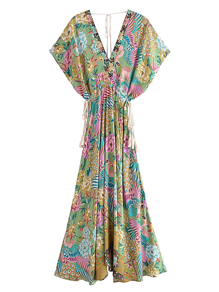 Maxi Dress - Boho Dress - Maxi Boho Sundress - Peacock Green Gold