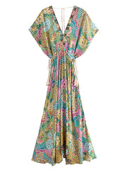 Maxi Dress - Boho Dress - Maxi Boho Sundress - Peacock Green Gold
