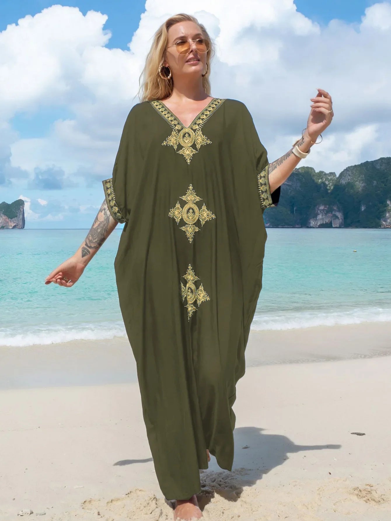 Boho Maxi Dress - Beach Dress, Kaftan Dress Vintage Embroidered in Liliana Navy