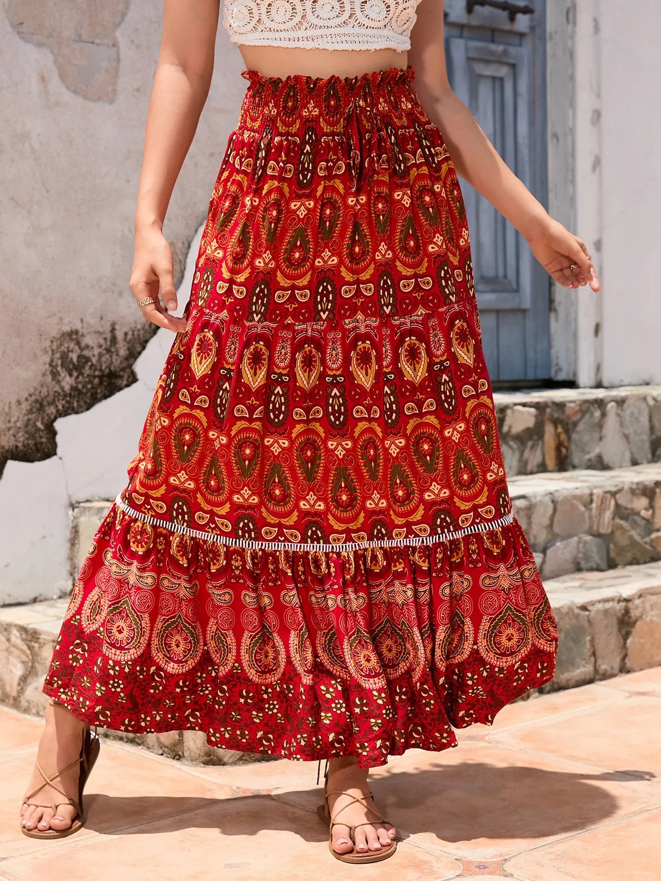 Boho Maxi Skirt - Hippie Style in  Red Peacock