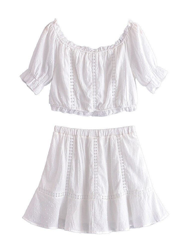 Boho Two Piece Set, Crop Top and Skirt, Doll's eyes in White