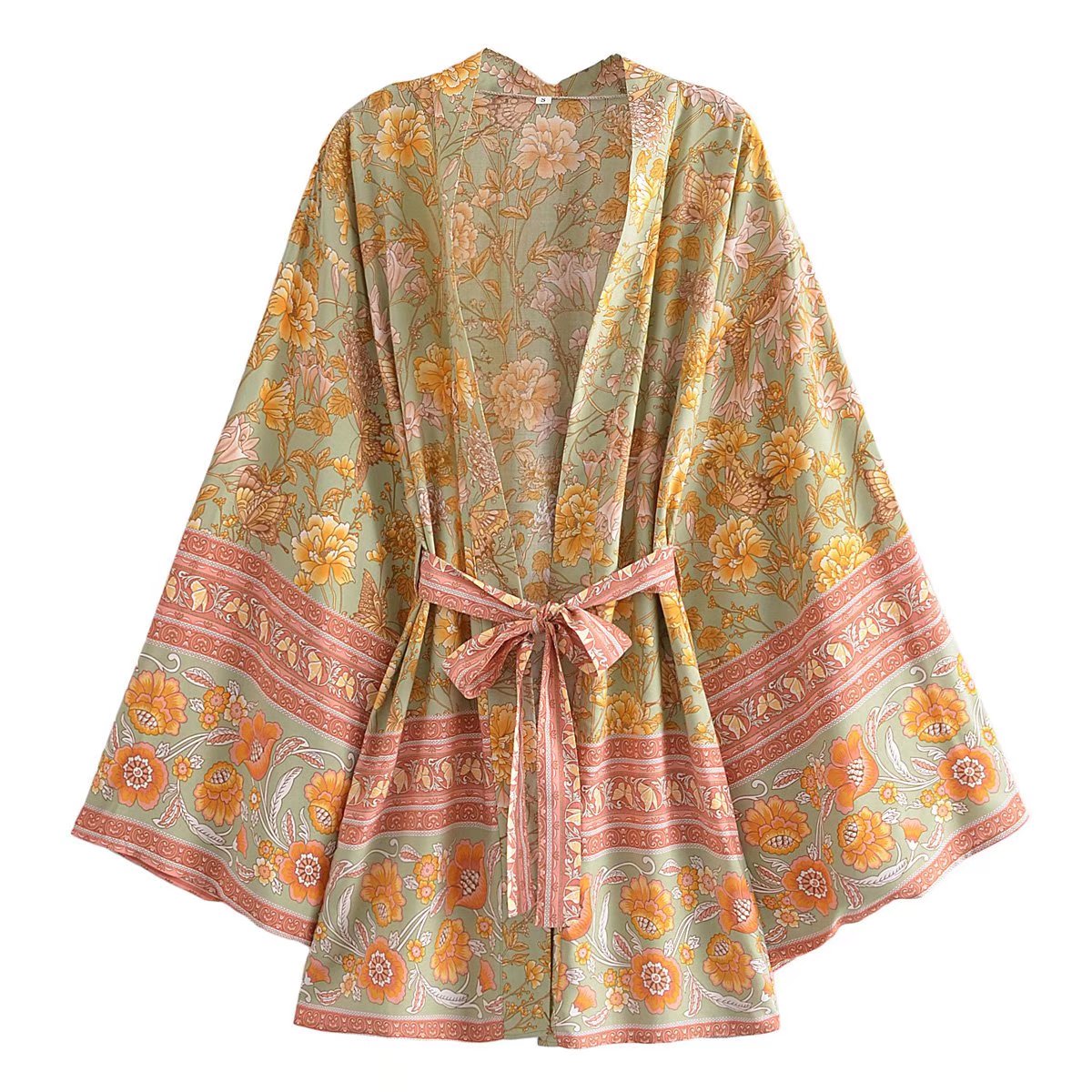 Boho Robe, Kimono Robe,  Beach Cover up, Short Robe, Eulalie in Green and Pink