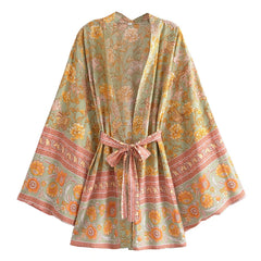 Boho Robe, Kimono Robe,  Beach Cover up, Short Robe, Eulalie in Green and Pink