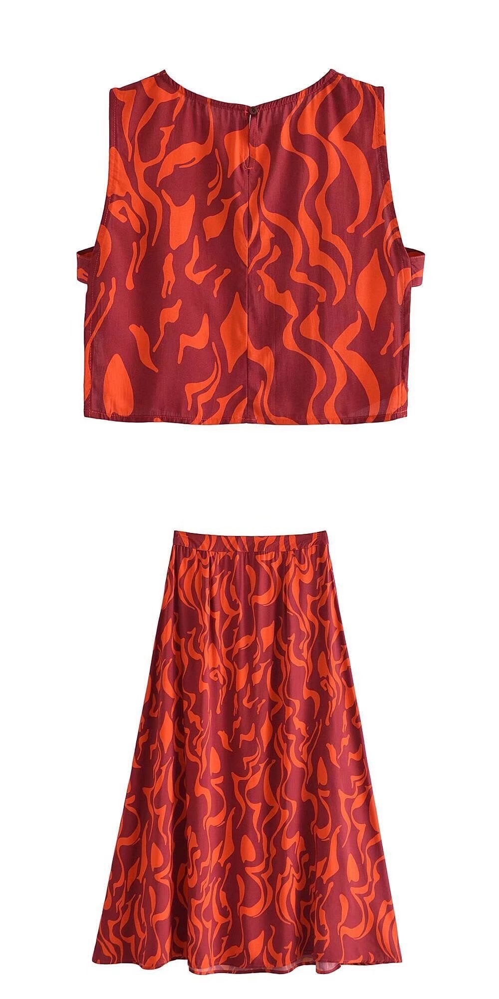 Boho Two Piece Set, Crop Top and Midi Skirt, Her Flaming in Red