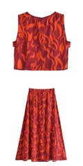 Boho Two Piece Set, Crop Top and Midi Skirt, Her Flaming in Red