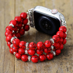 Boho Apple Watch Band - Silver White Red Jaspers Beads Wrist Strech Bracelet
