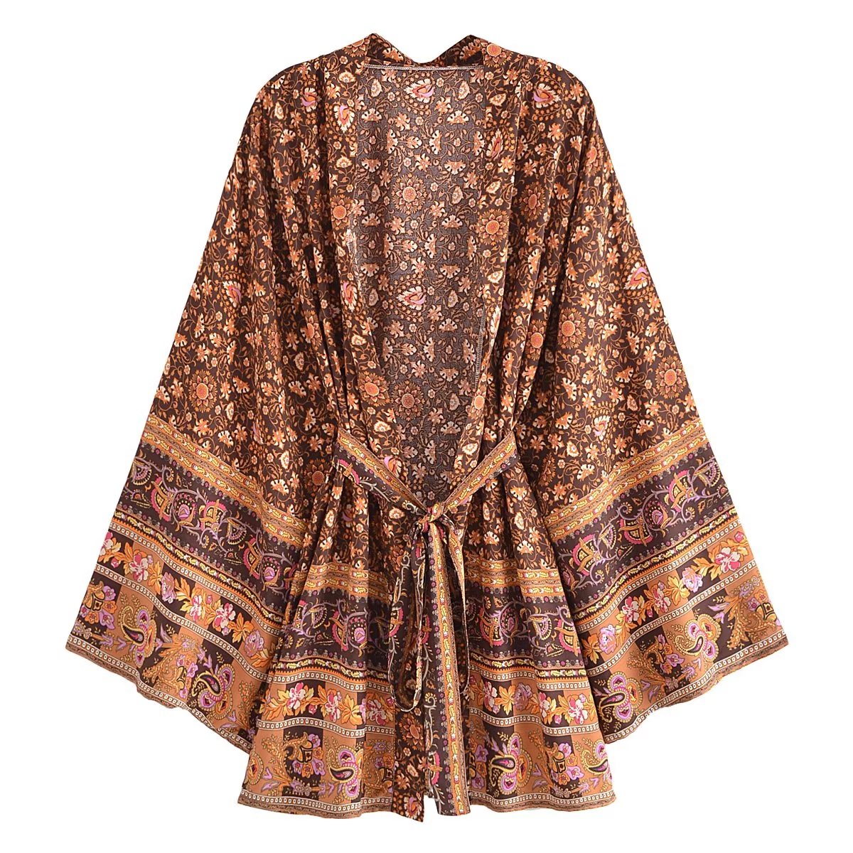Boho Robe, Kimono Robe, Beach Cover up, Short Robe, Elliana Jasmine in Brown, Pink and Green