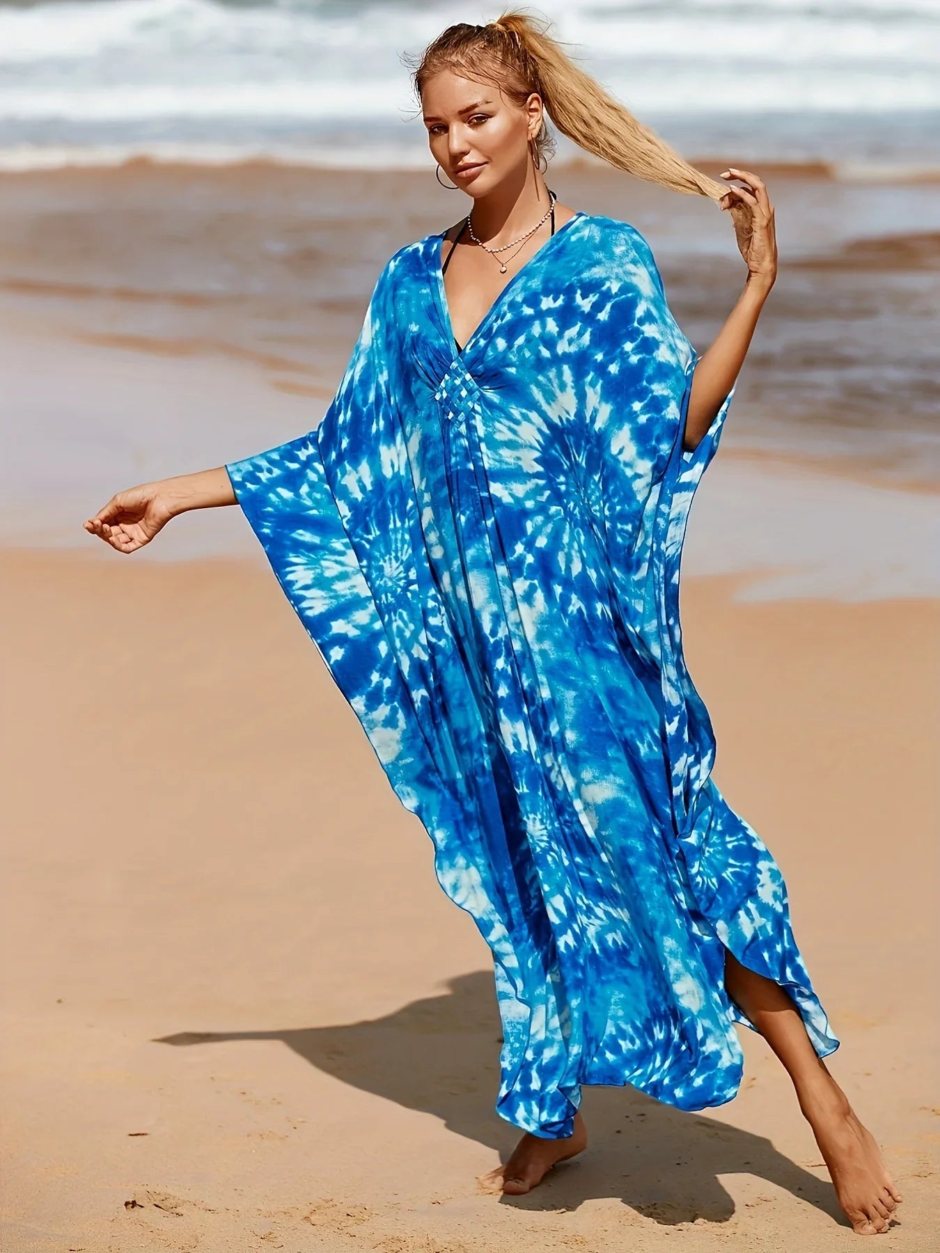 Boho Maxi Dress - Beach Dress, Kaftan Dress Akari Blue Tie Dye Coconut