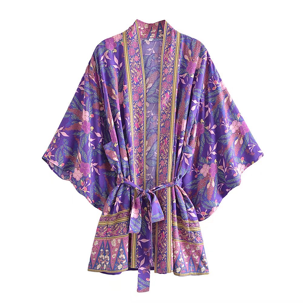 Boho Robe, Kimono Robe,  Beach Cover up, Short Robe, Alyssa Forest in Brown and Purple