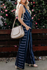 V-Neck Halterneck Striped Jumpsuit
