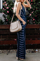 V-Neck Halterneck Striped Jumpsuit