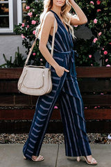 V-Neck Halterneck Striped Jumpsuit