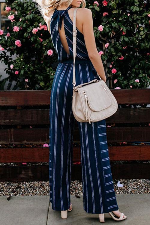 V-Neck Halterneck Striped Jumpsuit