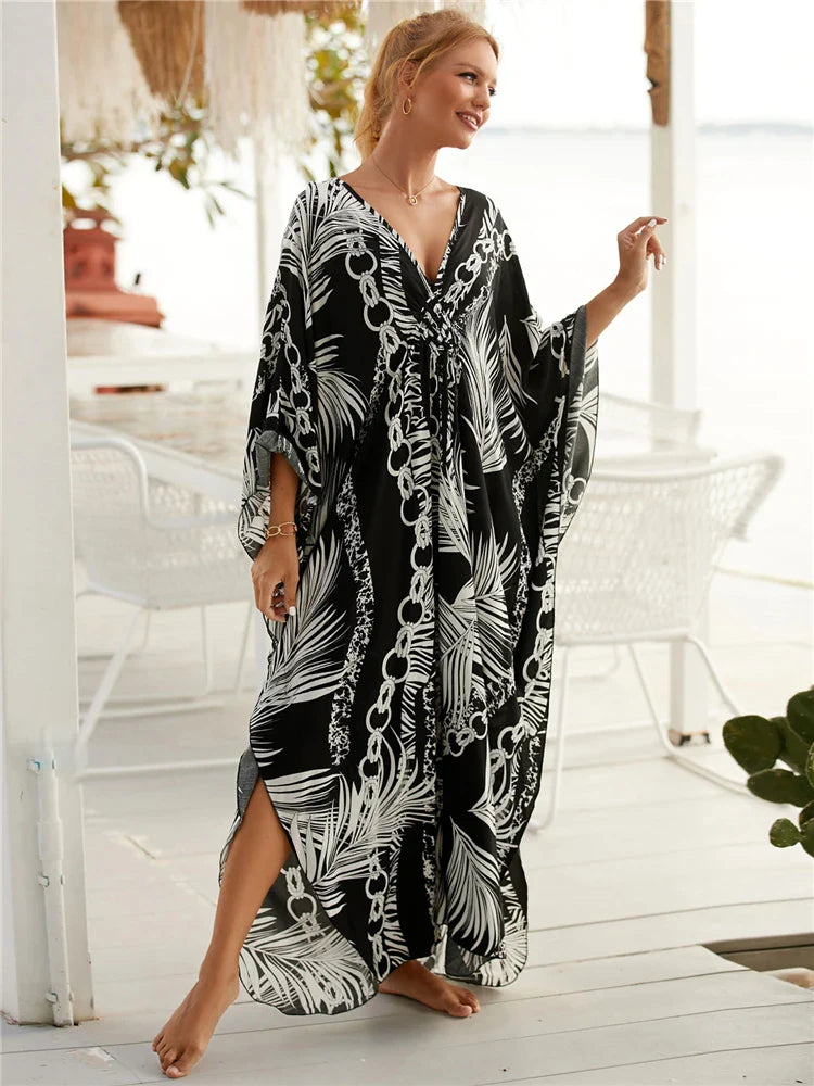 Boho Maxi Dress - Beach Dress, Kaftan Dress Akari Black Coconut Leaf