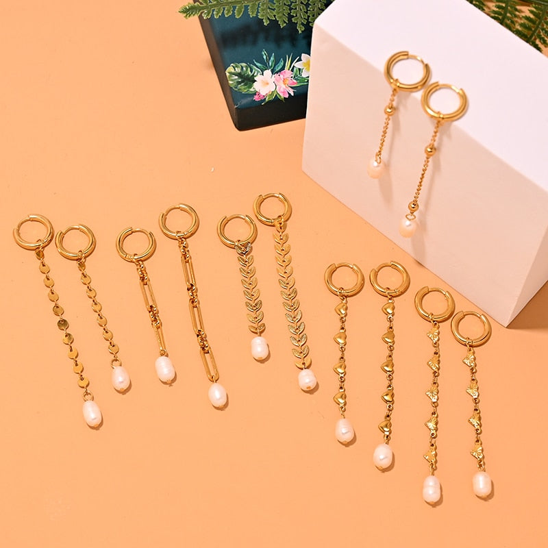 Boho Earrings, Dangle Earrings, Peal with Gold Chain