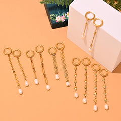 Boho Earrings, Dangle Earrings, Peal with Gold Chain