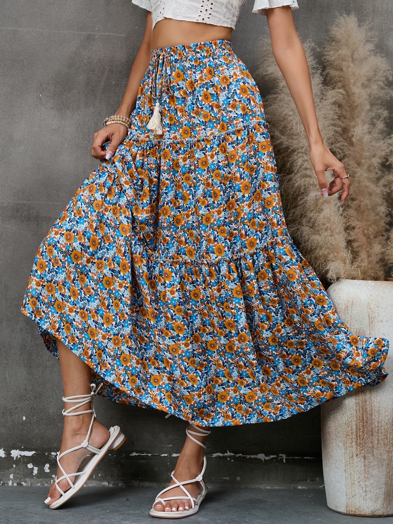 Boho Skirt, Hippie Skirts, Maxi Skirt, Flower Ruffle in Blue
