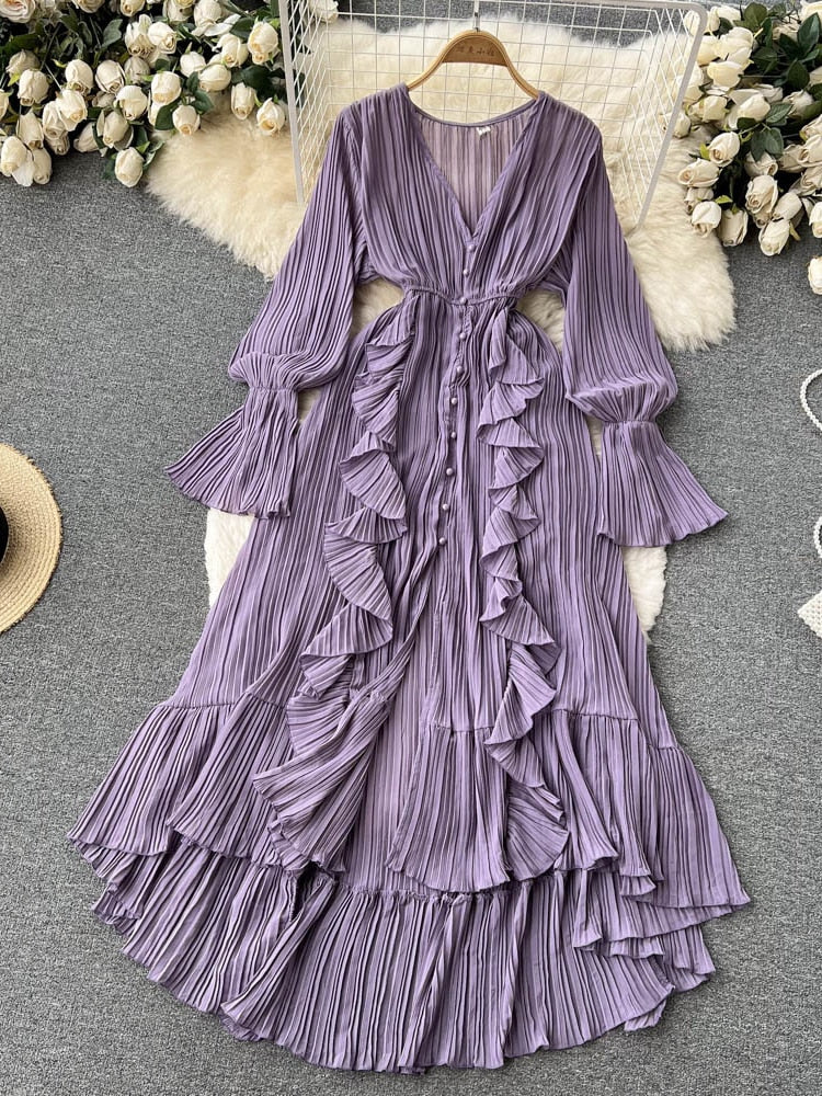 Maxi Dress, Boho Vintage Pleated Dress, Josephine Gown in Purple, Yellow, Pink and Brown