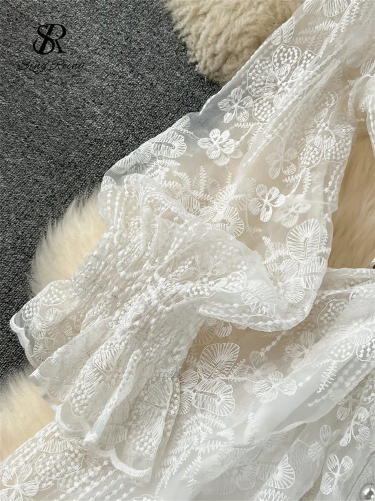 Vintage Boho Maxi Dress - Embroidered Lace Bohemian Style Dress with Black and White Lace Dress Gianna