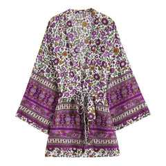 Boho Short Kimono Robe, Special Price, Isabella Daisy in Blue and Purple
