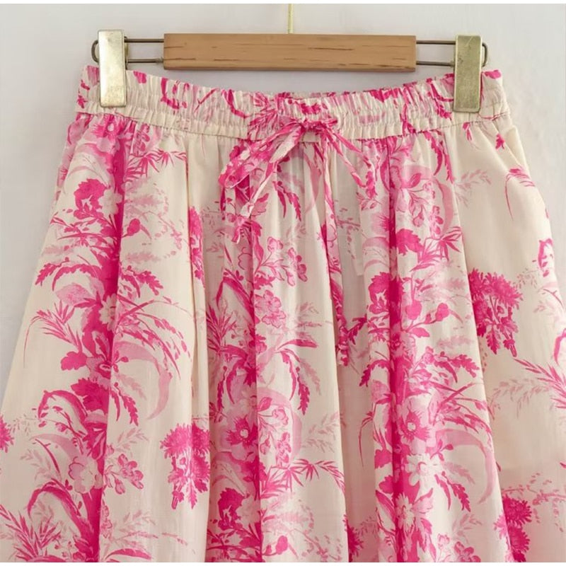 Boho Two Piece Set - Crop Top and Skirt for Summer Vacation Beach Vibes Pink Garden